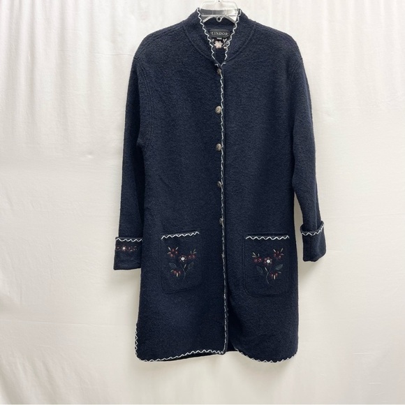 LINDOR wool cardigan long size M vintage blue embroidery cottage winter prairie - Picture 3 of 13